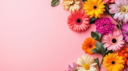 Poster - Colorful Spring Flowers on Pink Background with Empty Space for Text and Design Elements
