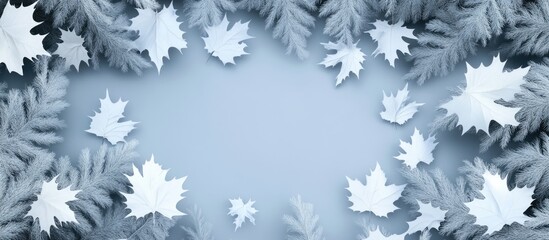 Poster - White Maple Leaves on a Green Forest Background with Sky Space for Text in Nature Inspired Design