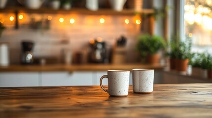 Poster - Rustic wooden kitchen table with mugs under bokeh lights in modern Scandinavian interior showcasing empty space for creative mockup.