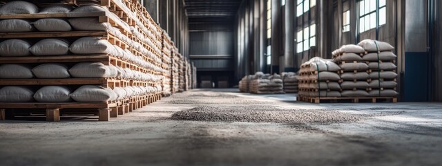 Poster - Warehouse Interior Featuring Raw Material Production with Cement Storage and Empty Space for Text or Graphics