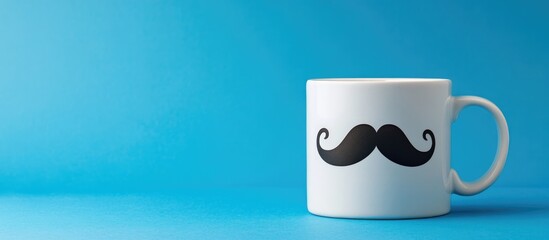  - White Mug Featuring Mustache Design on Vibrant Blue Background with Ample Empty Space for Text or Branding Considerations