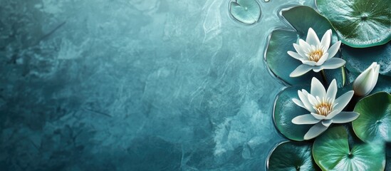 Poster - Water lily blooms on tranquil pond surface with calming blue backdrop and ample space for creative text or branding adjustments