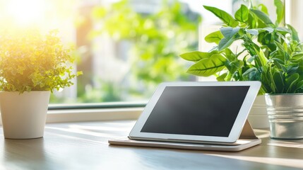 Poster - Modern Tablet Mockup on Bright Desk with Green Plants for Home Office Setup Ideal for Promotions and Creative Designs with Copy Space