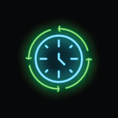 Poster - Blue neon clock with green arrows spinning around representing the concept of time passing