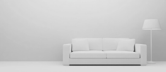 Poster - Minimalist White Living Room Design with Sofa and Lamp Ideal for Text and Graphic Overlay
