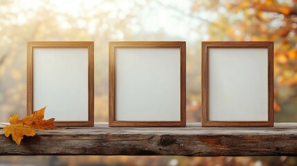 Poster - Empty Rustic Frames on Wooden Table with Blurred Leafy Background for Text and Personalization Opportunity