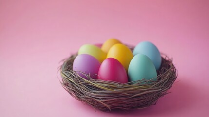 Poster - Colorful Easter Eggs Nest with Soft Pink Background and Space for Seasonal Text or Greeting
