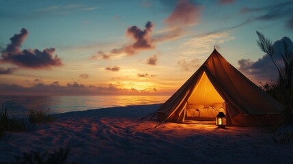 Poster - cozy beach tent at sunset with illuminated lantern creating a tranquil atmosphere and ample empty sp