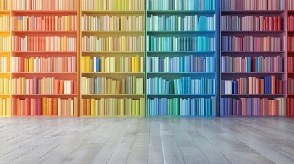 Poster - Colorful gradient bookshelf display with organized books on wooden floor and white background ideal for text overlay and creative projects