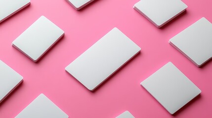 Poster - Top view of multiple blank business cards on a vibrant pink background ideal for branding and design mockups