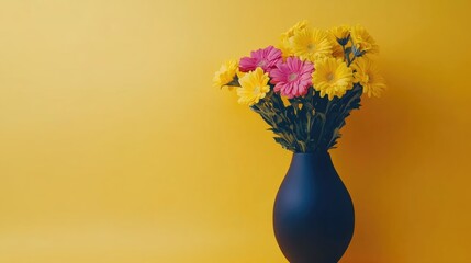 Poster - Vibrant Colorful Flower Bouquet in Stylish Vase Against a Bright Yellow Background with Space for Custom Text or Design Elements