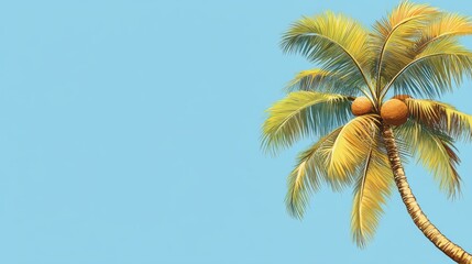 Poster - tropical palm tree with ripe coconuts against a serene blue sky featuring ample negative space for c