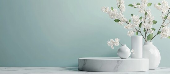 Poster - minimalist white geometric podiums with floral arrangement on pastel background, ideal for product d