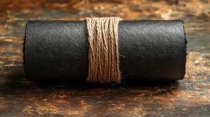 Poster - Black paper roll wrapped with twine on textured brown background ideal for creative projects or design concepts featuring space for text.