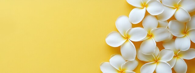 Poster - Frangipani Flowers on Vibrant Yellow Background with Copy Space for Text and Design Elements