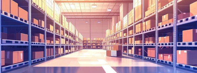 Poster - Modern Distribution Center Aisle with Shelves Stacked with Boxes and Bright Lighting Ideal for Logistics and Shipping Related Text