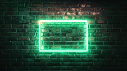 Poster - Green Neon Frame on Brick Wall with Blank Space for Custom Text or Promotions
