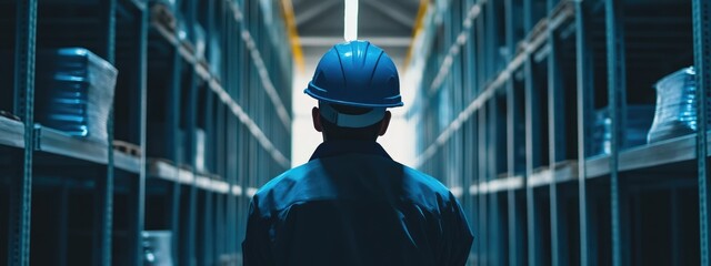 Poster - Warehouse worker in blue hard hat inspecting shelves for inventory in distribution center with ample empty space for text and graphics.