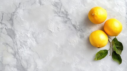 Poster - Fresh Lemons with Leaves Arranged on White Marble Table Top Providing Space for Text and Designs