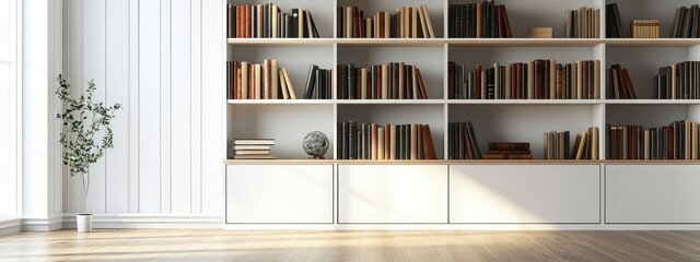 Poster - Modern bookshelf with ample space for books and decorative items featuring minimalistic design and natural light ambiance