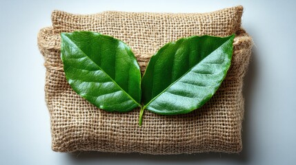 Poster - Burlap sack with coffee leaves on white background showcasing natural textures and vibrant green color for aesthetic and commercial purposes