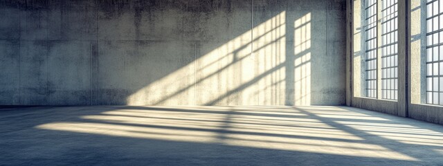 Poster - Warehouse interior with natural light and empty space for signage or text display on a concrete wall and floor.