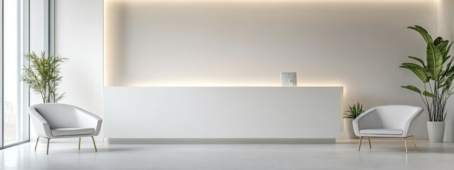 Poster - Modern Reception Area with Minimalist Design and Waiting Room Space for Text in Bright and Airy Environment