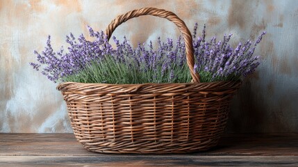 Poster - Wicker basket filled with fresh lavender flowers placed on rustic wooden table background