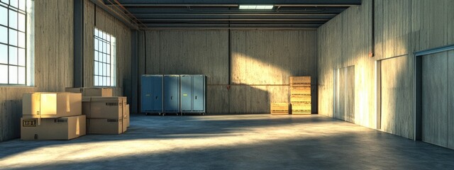 Poster - Warehouse Simulation Training Environment with Empty Space for Text and Equipment Storage Options