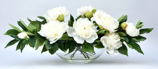Poster - Elegant white peonies in a glass vase surrounded by lush green leaves on a clean white background with ample space for custom text.