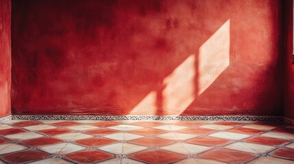 Poster - vintage tile floor with red cement wall and natural light casting shadows, featuring ample space for