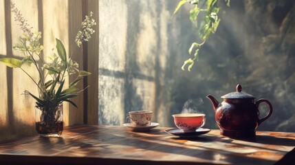 Poster - Cozy Tea Time Gathering Inviting Relaxation with Warm Light and Empty Space for Text Emphasizing Serenity and Comfort in a Natural Setting