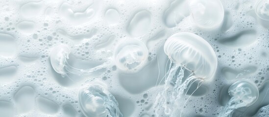 Poster - White foam texture featuring jellyfish on a clean background ideal for overlays and text placement in aquatic-themed designs.