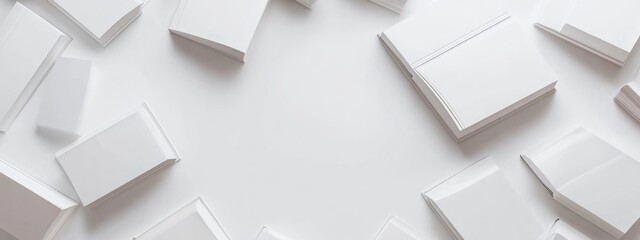 Poster - Open white books scattered on a white background with ample empty space for text and creative design elements.