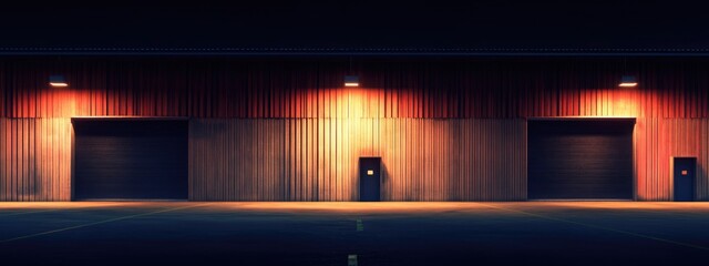 Poster - Industrial Warehouse Exterior at Night with Illuminated Doors and Empty Space for Text