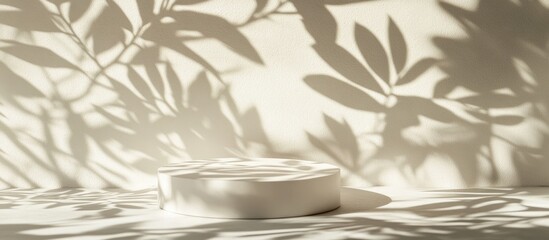 Poster - minimalist abstract setting with white pedestal casting tropical leaf shadows on tiled surface soft 
