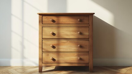 Poster - Natural wood dresser with five drawers in a bright modern interior against a clean background creating a serene and minimalist atmosphere