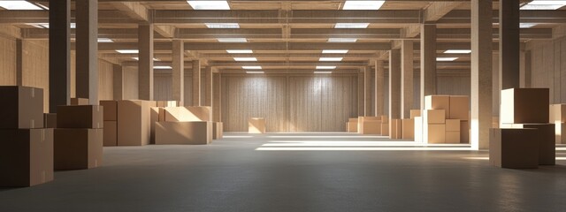 Poster - Warehouse interior showcasing numerous cardboard boxes with ample empty space, ideal for text overlay and design purposes.