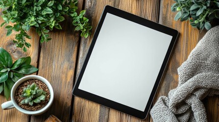 Poster - digital tablet with blank screen on wooden surface surrounded by plants for website mockup and prese