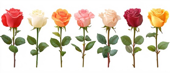 Poster - Seven colorful rose flowers with green leaves on long stems isolated against a white background