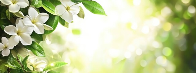 Poster - Delicate white flowers and lush green leaves on a tree create a serene nature background with ample space for text or branding.