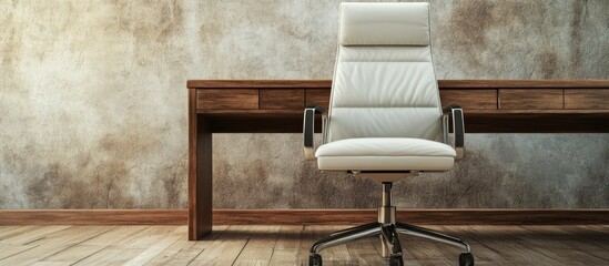 Poster - White office chair positioned in front of wooden desk on minimalist background inviting empty text area for creative designs