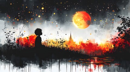 Poster - Whimsical blackandwhite sketch featuring a small boy joyfully conversing with the moon and stars enhanced by surreal colors and playful alcohol ink splatter effects for a captivating visual