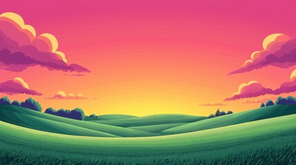 Wall Mural - Sunset Over Rolling Green Hills And Purple Clouds