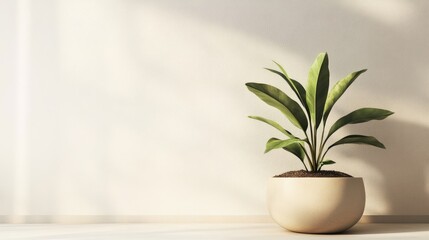 Poster - Indoor Tan Pot with Green Plant Against Neutral Wall Featuring Copyspace for Text Display or Marketing Promotional Use