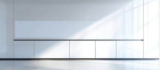 Poster - White modern kitchen interior with glossy cabinets and ample blank space for text or branding in a bright, minimalistic setting