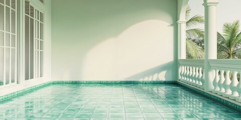 Poster - vintage balcony design showcasing an empty interior with green tiled floor and minimalistic white wa