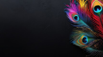 Poster - Vibrant Colorful Peacock Feathers Displayed Against a Black Background Ideal for Text Overlay or Creative Design Use
