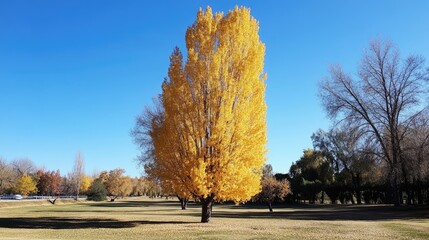 Poster - golden poplar tree in park under bright blue sky with clear space for text ideal for seasonal promot