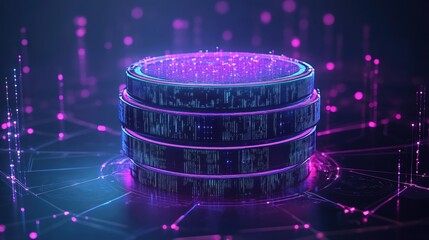 Poster - Futuristic data storage with glowing purple lights and geometric patterns in a dark setting